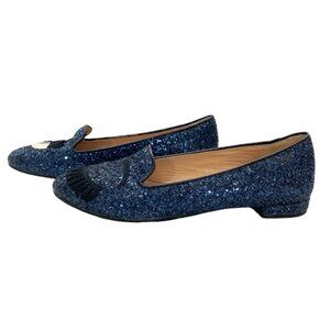 CHIARA FERRAGNI BLUE SEQUIN GLITTER WINK EYE FLAT SHOES - 40